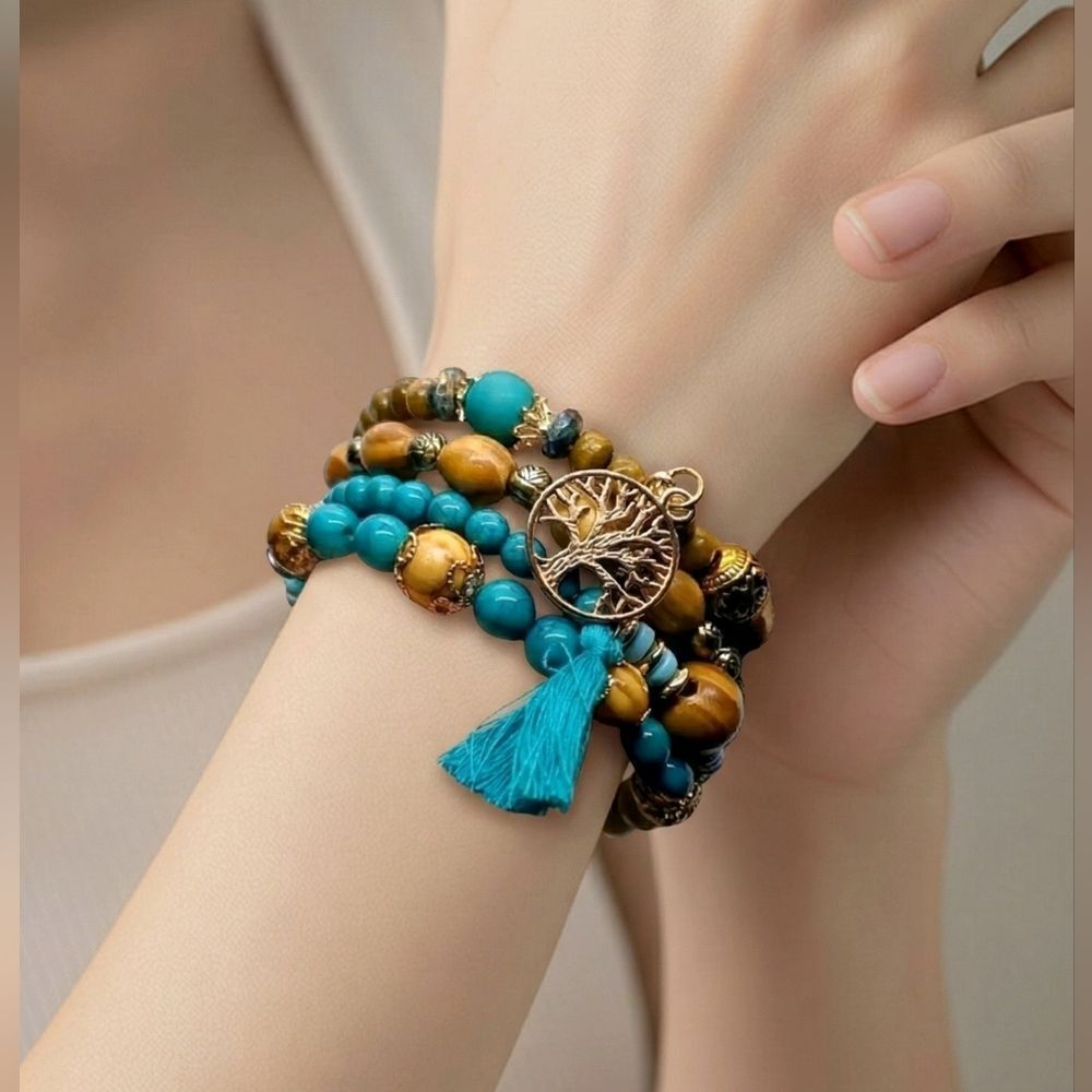 Boho Turquoise Beaded Bracelet Set Tree of Life Tassel Earthy Stack 4pc Stretch